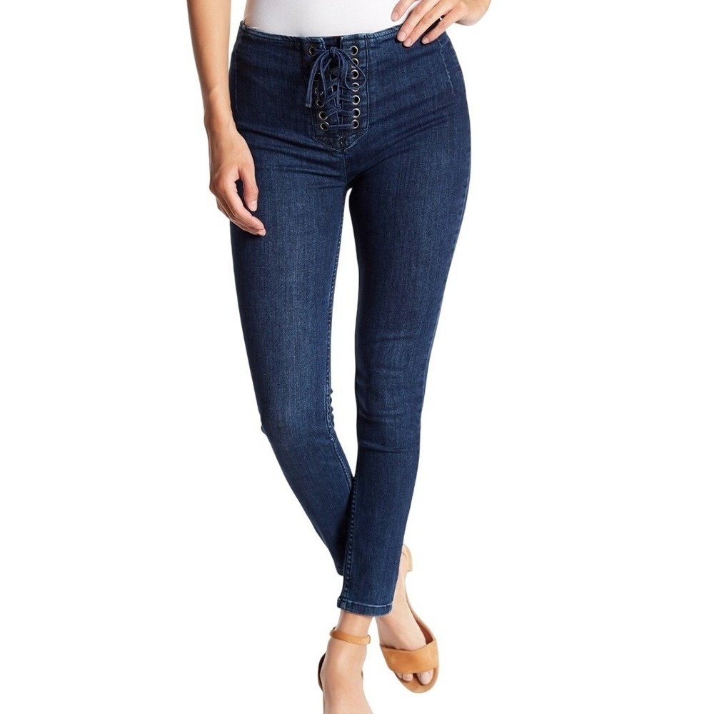 Free People Women's Lace Up Corset Front Skinny Jeans 30 Medium Wash Stretch Y2K